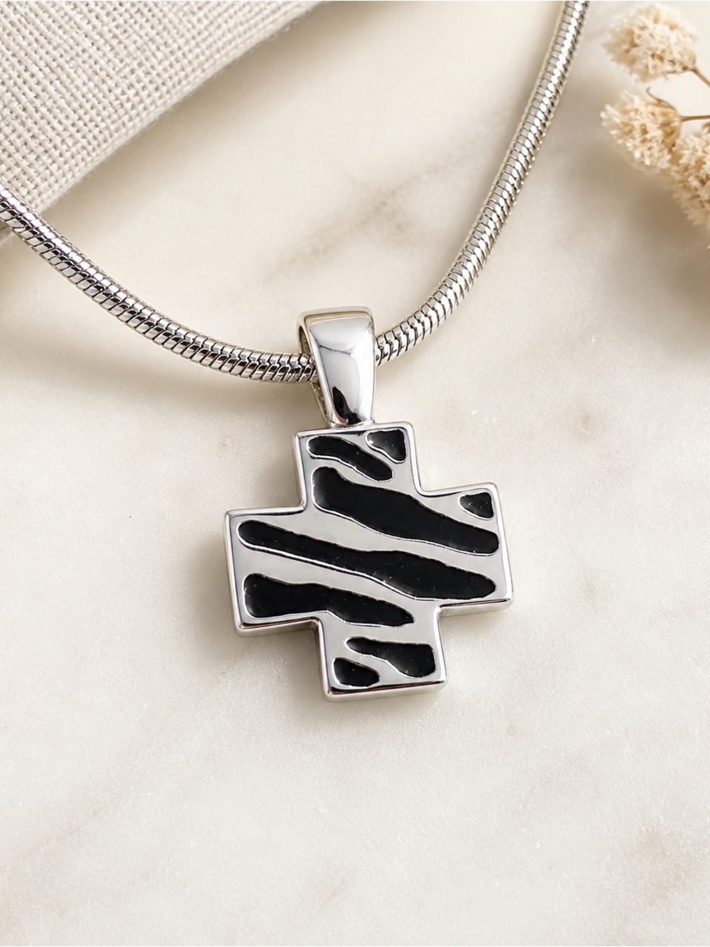 St. John Zebra Enamel Cross Pendant Necklace Black Silver Signed